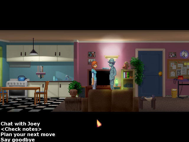 The Blackwell Deception (Windows) screenshot: The conversation options for Joey, inside Rosangela's apartment.