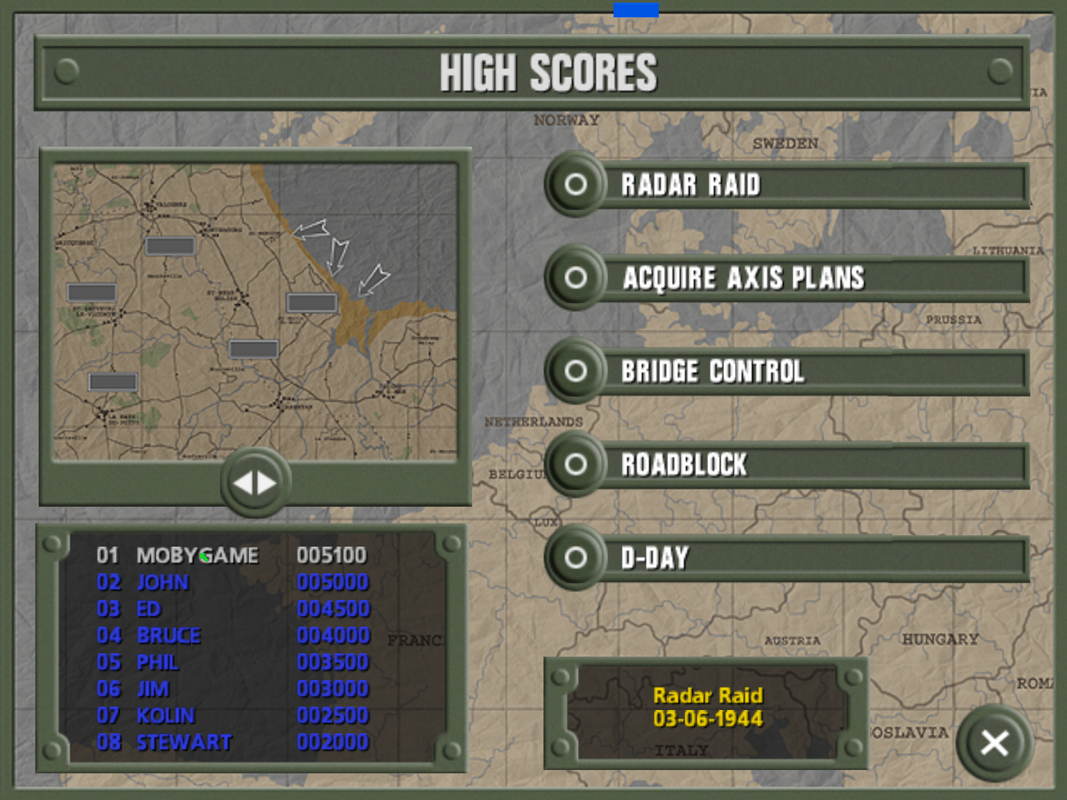 World War II: Frontline Command (Windows) screenshot: From the main menu the scores for each mission can be reviewed. Scores 2 to 8 are default scores