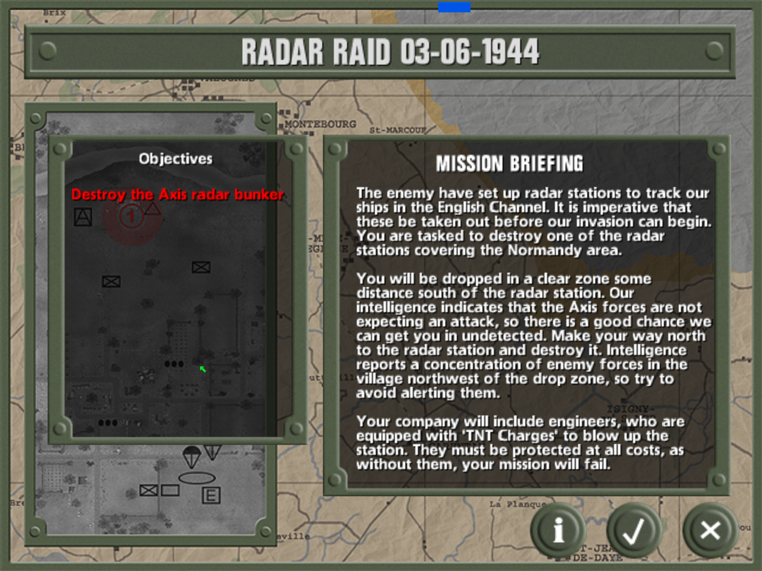 World War II: Frontline Command (Windows) screenshot: The briefing screen for Mission One : Radar Raid