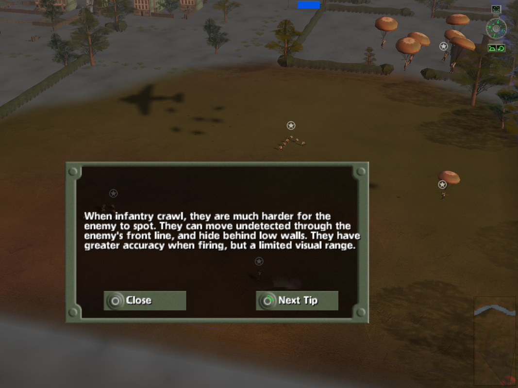 World War II: Frontline Command (Windows) screenshot: The mission begins with planes flying in and dropping troops into the game. The 'Tips' screen is optional and can be disabled