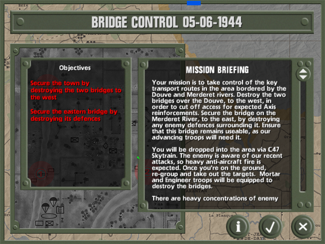 World War II: Frontline Command (Windows) screenshot: The briefing for Mission 2 : Bridge Control