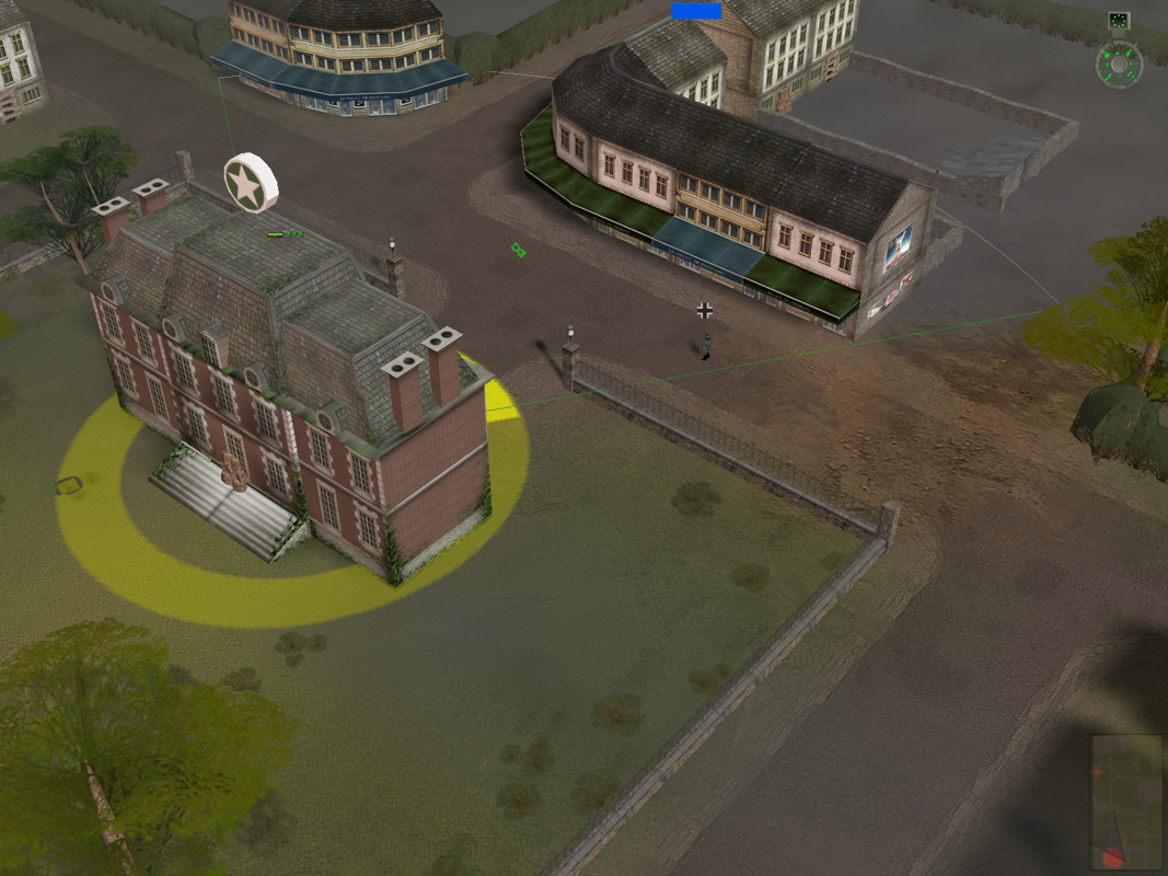 World War II: Frontline Command (Windows) screenshot: Another nice touch. Troops can take over a building and can be given command to ambush any enemy passing by. The bright segment of the yellow circle shows the direction they watch