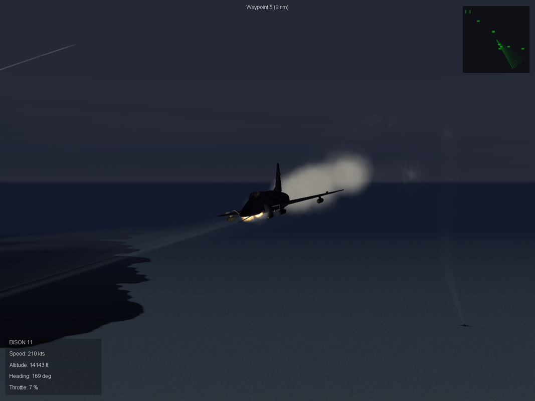 Strike Fighters: Project 1 (Windows) screenshot: The campaign mode can also be flown as a mercenary unit. Their action starts at night which is lousy for shots of the aircraft's livery but great for seeing the gunfire