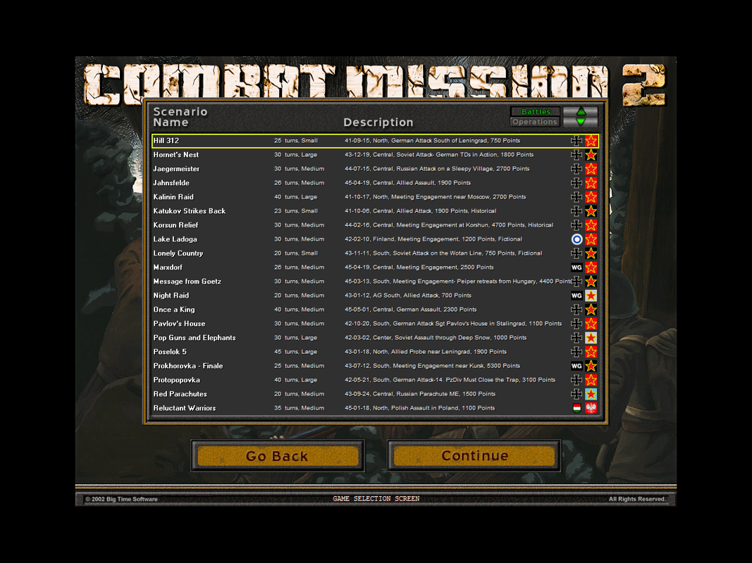 Combat Mission II: Barbarossa to Berlin (Windows) screenshot: This is screen 2. Each battle is rated by the number of turns it takes to complete