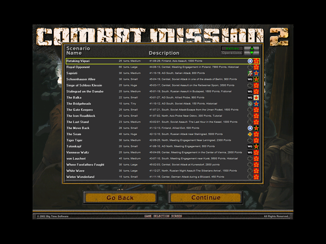 Combat Mission II: Barbarossa to Berlin (Windows) screenshot: This is the third screen of battles. There's one more screen but it only contains a single battle.