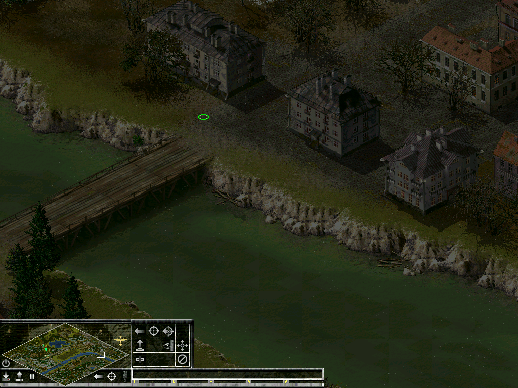 Sudden Strike II (Windows) screenshot: The objective is to capture these factories and to hold the bridge. The view is very dark & gloomy. Light only appears when troops are present