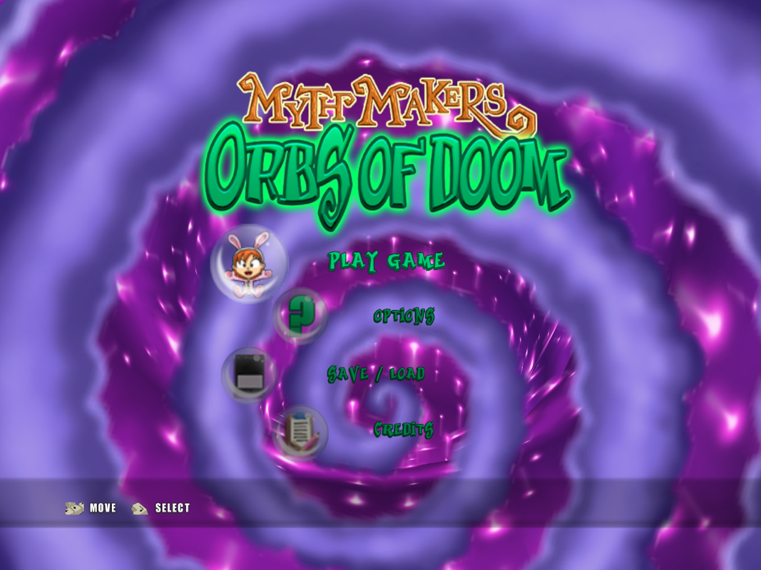 Myth Makers: Orbs of Doom (Windows) screenshot: The main menu. Most menus look like this and have a swirling purple background