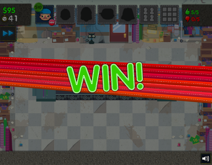 Sweatshop (Browser) screenshot: Level completed