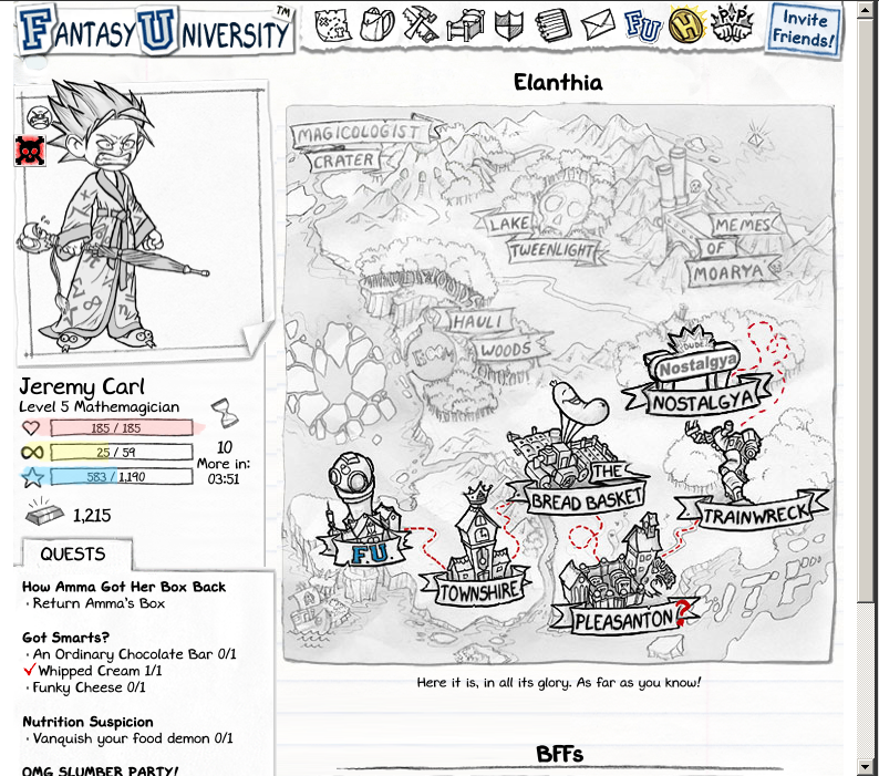 Fantasy University (Browser) screenshot: After completing a certain quest, the world map is opened to the player.
