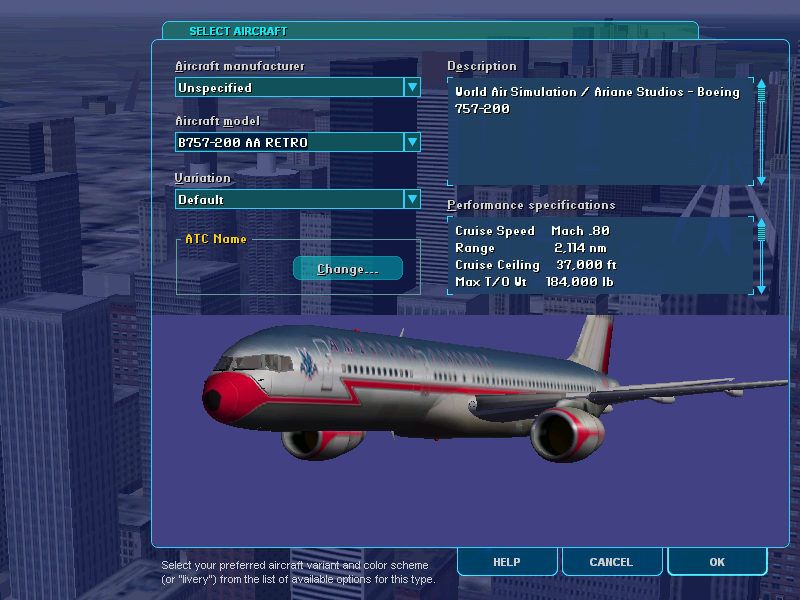 American Airlines (Windows) screenshot: This is the retro Boeing 575 in the aircraft selection window