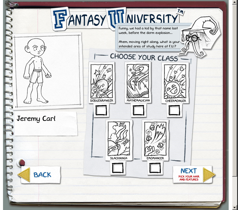 Fantasy University (Browser) screenshot: Choosing a character class; Each class loosely corresponds to a basic rpg archetype