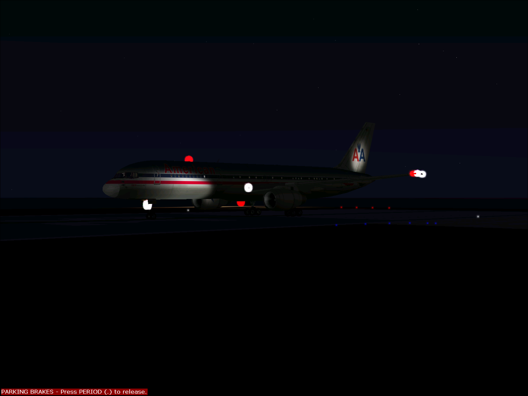 American Airlines (Windows) screenshot: The Boeing 757 on the ground at night