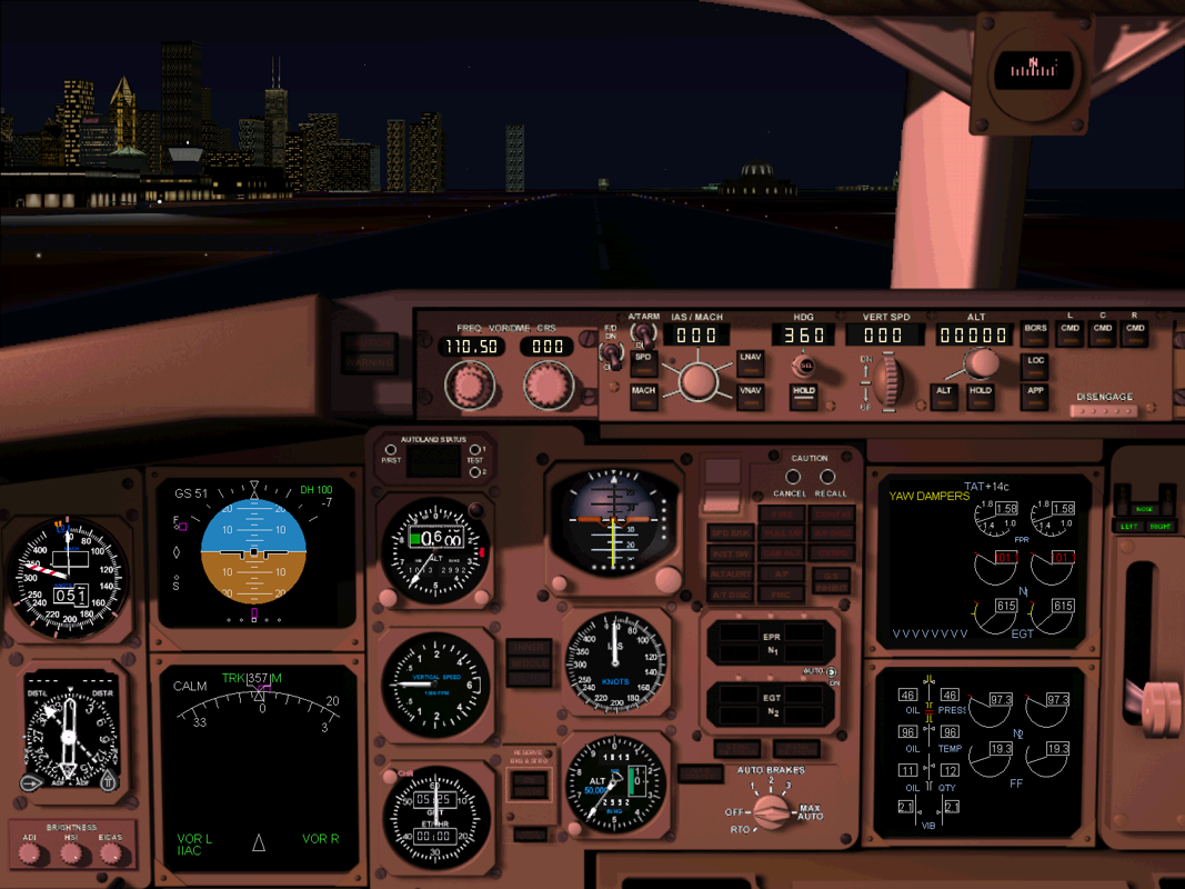 American Airlines (Windows) screenshot: The Boeing 757 (retro version) cockpit view at night prior to take-off