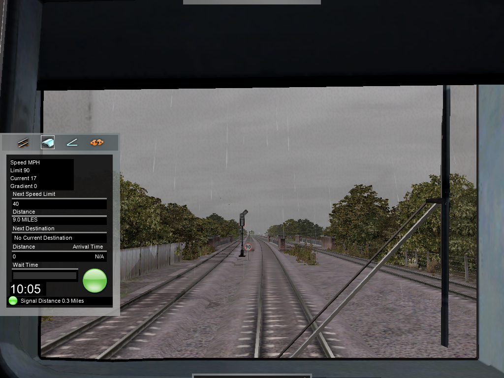 RailWorks (Windows) screenshot: Driver's guide shows informations such as distances and speed limits