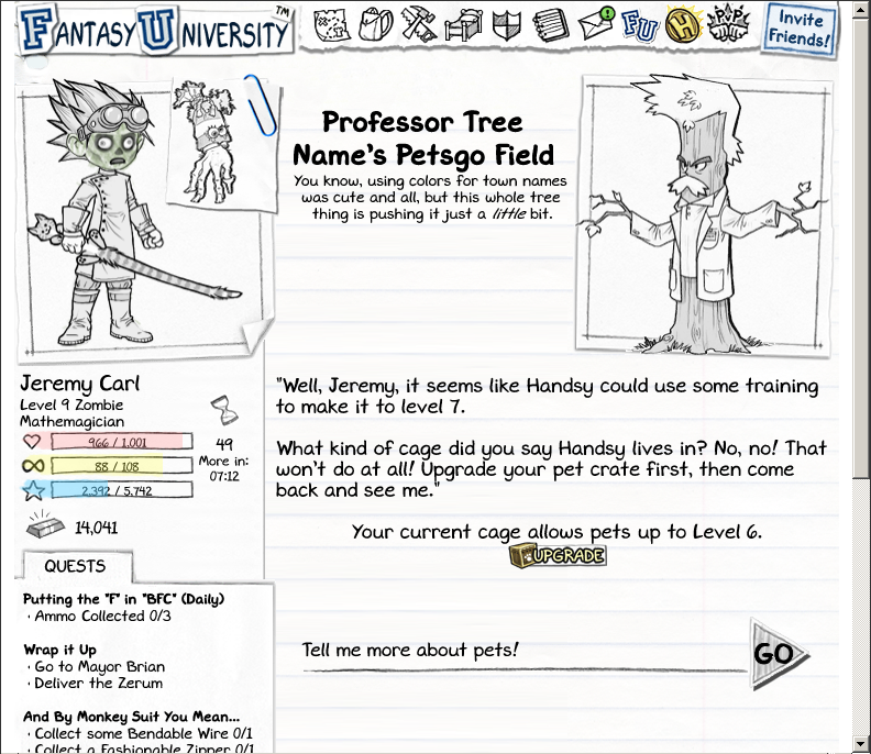 Fantasy University (Browser) screenshot: Training to make the pet deal more damage
