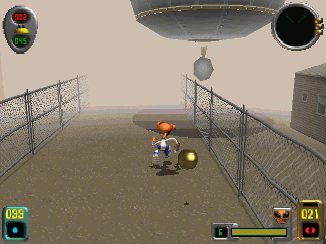 Attack of the Saucerman! (Windows) screenshot: On the surface at the Area 51 site, being attacked by an enemy flying saucer.