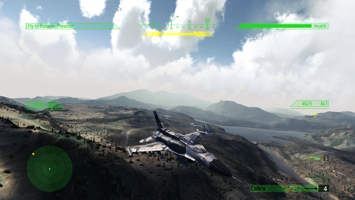 JASF: Jane's Advanced Strike Fighters (Xbox 360) screenshot: F-16I Fighting Falcon flying in the mountains