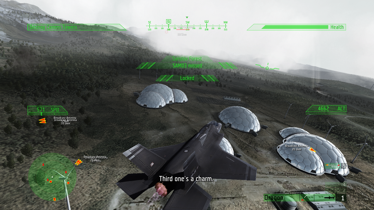 JASF: Jane's Advanced Strike Fighters (Xbox 360) screenshot: F-35C Lightning II cruises above domes