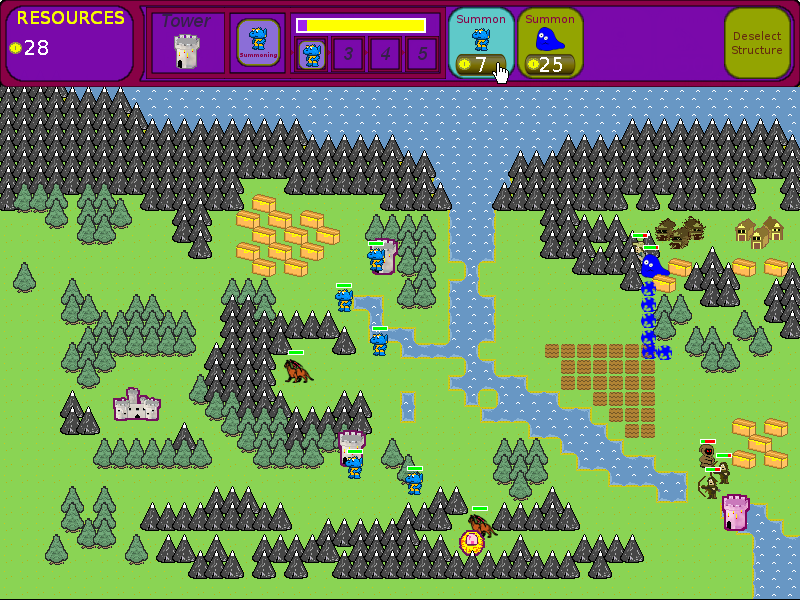 Stop That Hero! (Linux) screenshot: Summoning orcs while other minions make their way to fight the archers and farmers.