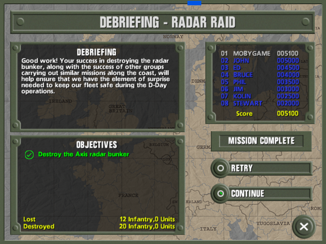 World War II: Frontline Command (Windows) screenshot: At the end of each mission the player gets to see their score
