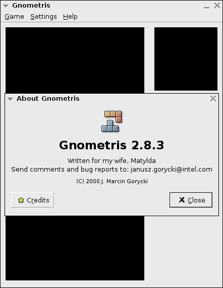 Quadrapassel (Linux) screenshot: About page for an older version still known as Gnometris