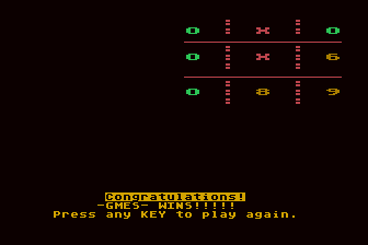 Mathematic-Tac-Toe (Atari 8-bit) screenshot: Gmes Wins!