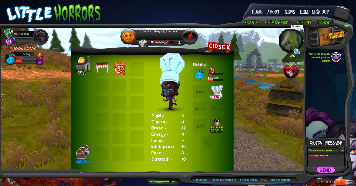 Little Horrors (Browser) screenshot: Here I can equip my character with different clothes