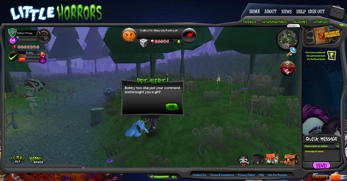 Little Horrors (Browser) screenshot: The pet can be used to fetch stuff