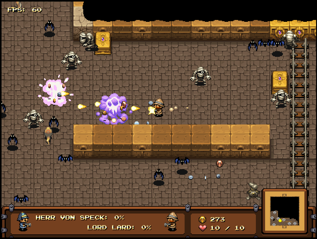 The Humble Bundle Mojam (Windows) screenshot: Catacomb Snatch: destroying the yellow blocks as they spawn enemies.