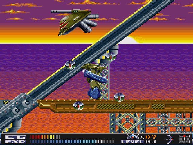 Aquales (Sharp X68000) screenshot: Moving platforms, flying angry guys... oh my!..
