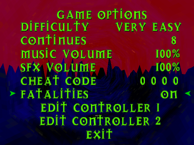 War Gods (PlayStation) screenshot: Options screen. If you turn the fatalities option on, the screen will turns bloody