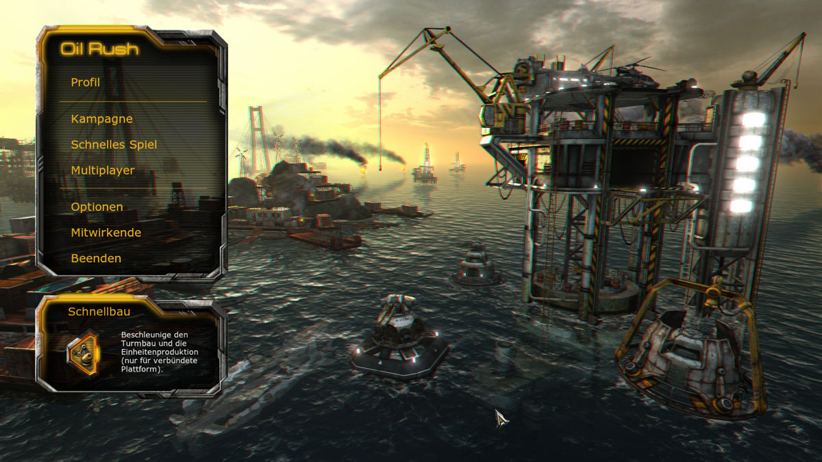 Oil Rush (Linux) screenshot: The game supports several 3D modes. This is the main menu in Anaglyph 3D for red/cyan glasses.