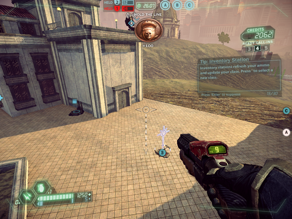 Tribes: Ascend (Windows) screenshot: In Capture and Hold you need to keep these control points under your... uhmm... control.