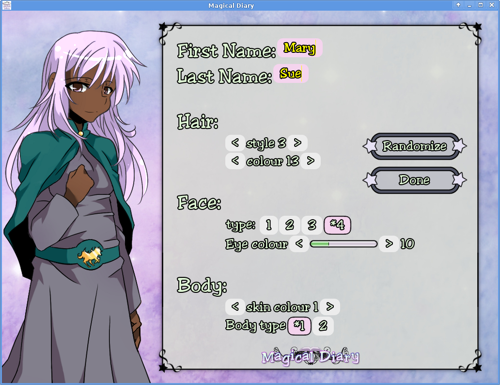 Magical Diary: Horse Hall (Linux) screenshot: Character creation screen (windowed mode)