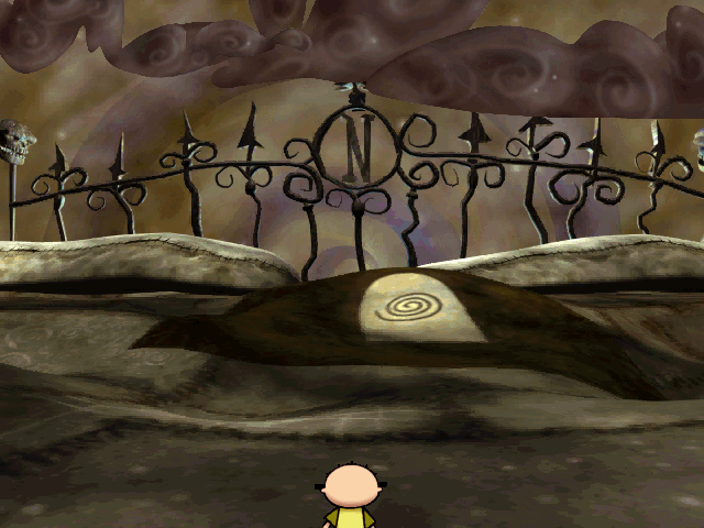 Nightmare Ned (Windows) screenshot: The level select screen is your quilt, turned giant and nightmarish. Each level is called a Nightmare. Ned is facing the portal to the Graveyard Nightmare.