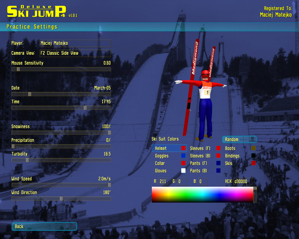Deluxe Ski Jump 4 (Windows) screenshot: Practice mode settings