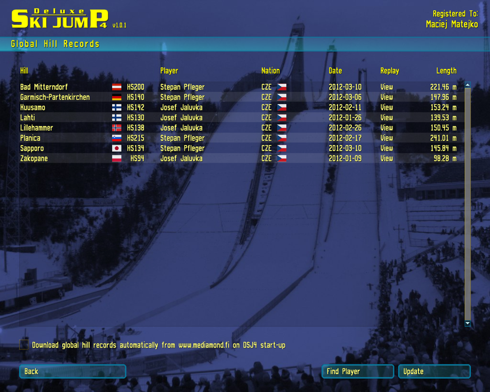 Deluxe Ski Jump 4 (Windows) screenshot: Global hill records