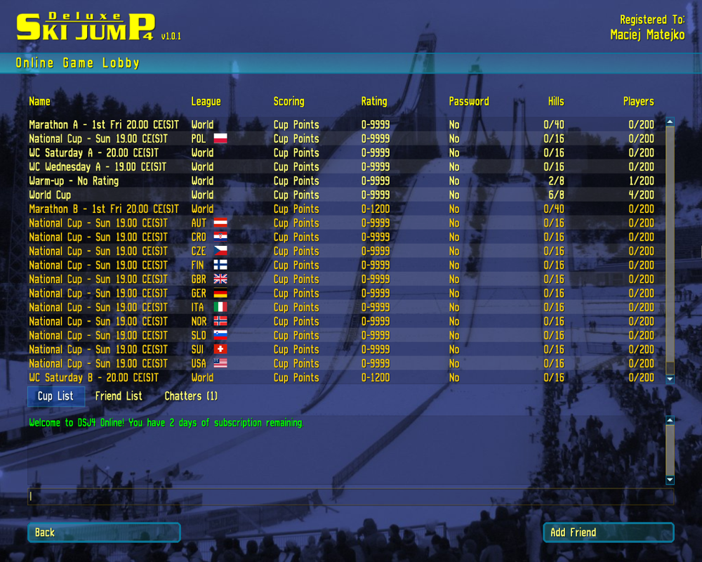 Deluxe Ski Jump 4 (Windows) screenshot: Online game lobby