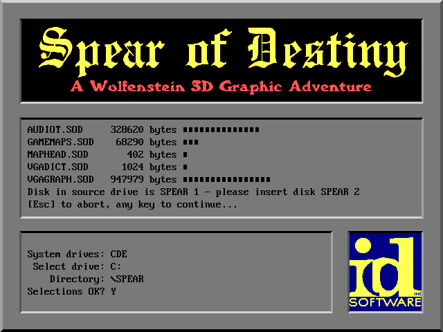 Spear of Destiny (DOS) screenshot: Install processing to play game