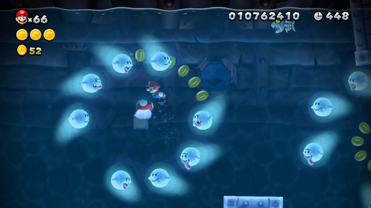 New Super Mario Bros. U (Wii U) screenshot: Ghosts dancing around Mario