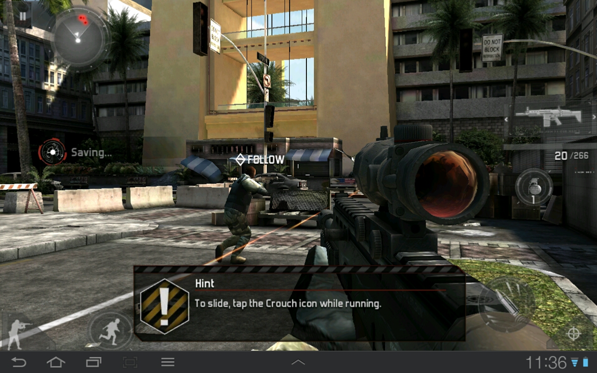 Modern Combat 3: Fallen Nation (Android) screenshot: A hint displayed