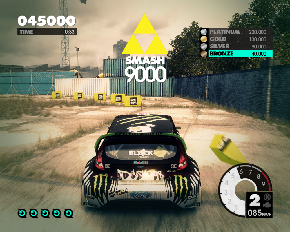 DiRT 3 (Windows) screenshot: One of Gymkhana challenges - smash those yellow blocks