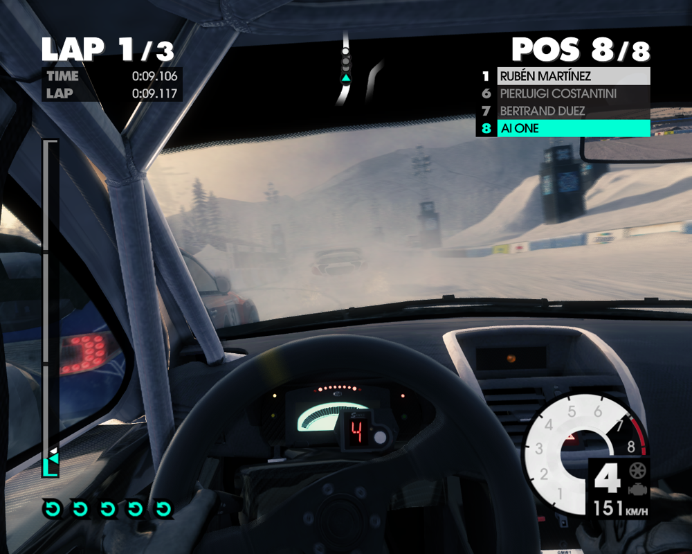 DiRT 3 (Windows) screenshot: Racing in Norway with a cockpit view is tough