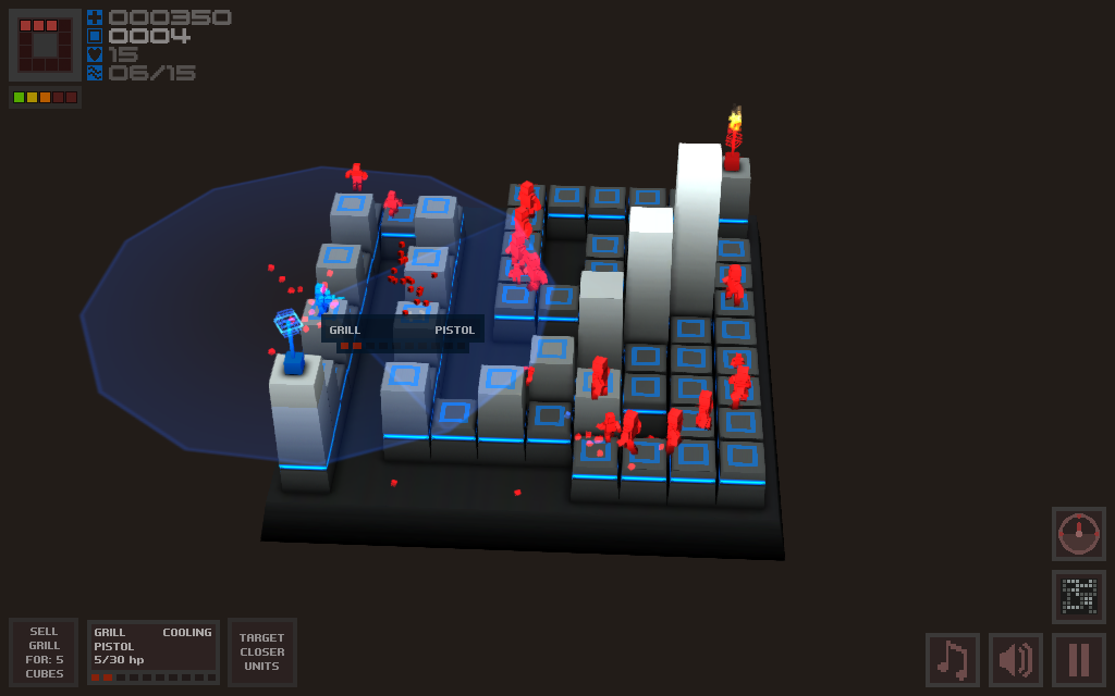 Cubemen (Windows) screenshot: Clicking a unit reveals the range. Further statistics are shown near the bottom of the screen.