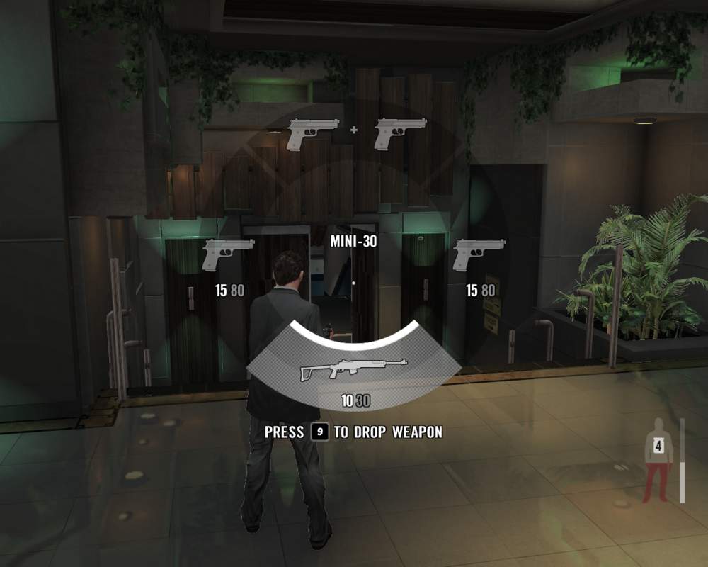 Max Payne 3 (Windows) screenshot: Weapon select menu. If you dual-wield pistols (or other small automatic arms), you'll have to drop any heavier weapon you're carrying