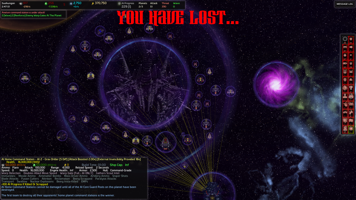 AI War: Fleet Command (Windows) screenshot: The AI Home Command Station remains unchallenged, barely aware that some puny mortals just tried to challenge it.