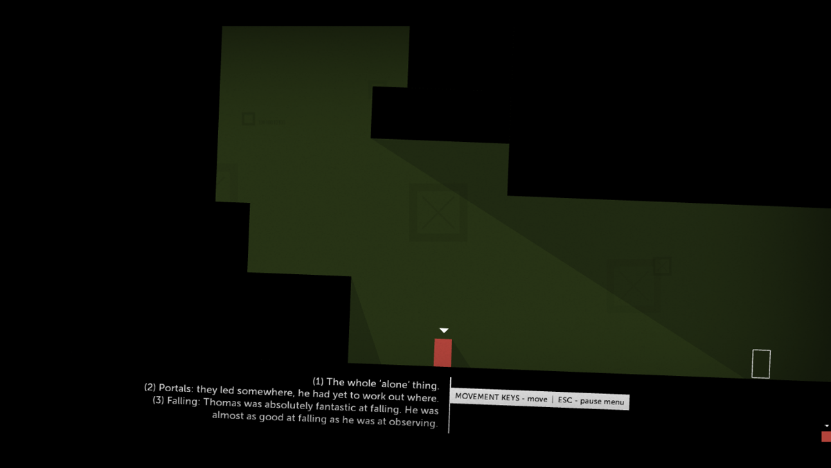 Thomas Was Alone (Windows) screenshot: Thomas discovers his abilities. Move to the white outline to exit the level.