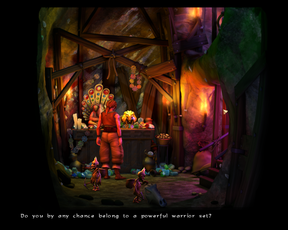 The Book of Unwritten Tales (Windows) screenshot: In the pixie caves, Nate finds a talking helmet.