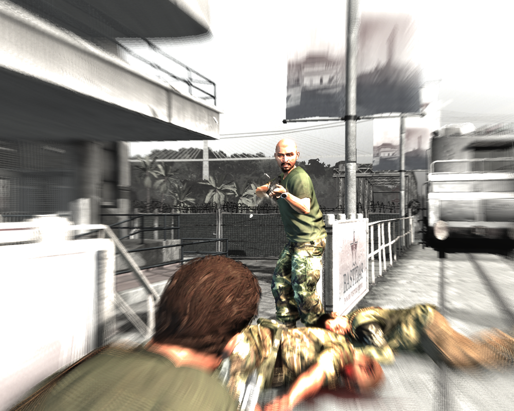 Max Payne 3 (Windows) screenshot: This is the "Last man standing" - Max is critically hit and if I manage to kill this bastard Max will chow a painkiller and survive