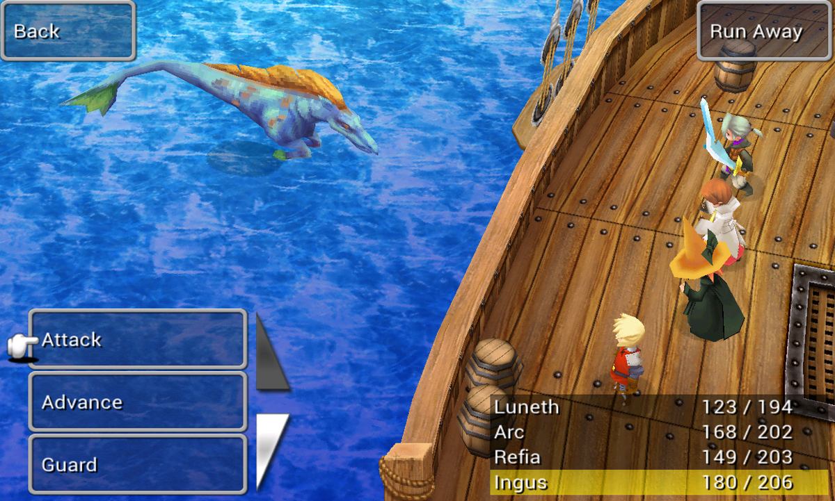 Final Fantasy III (Android) screenshot: Battle at the sea.